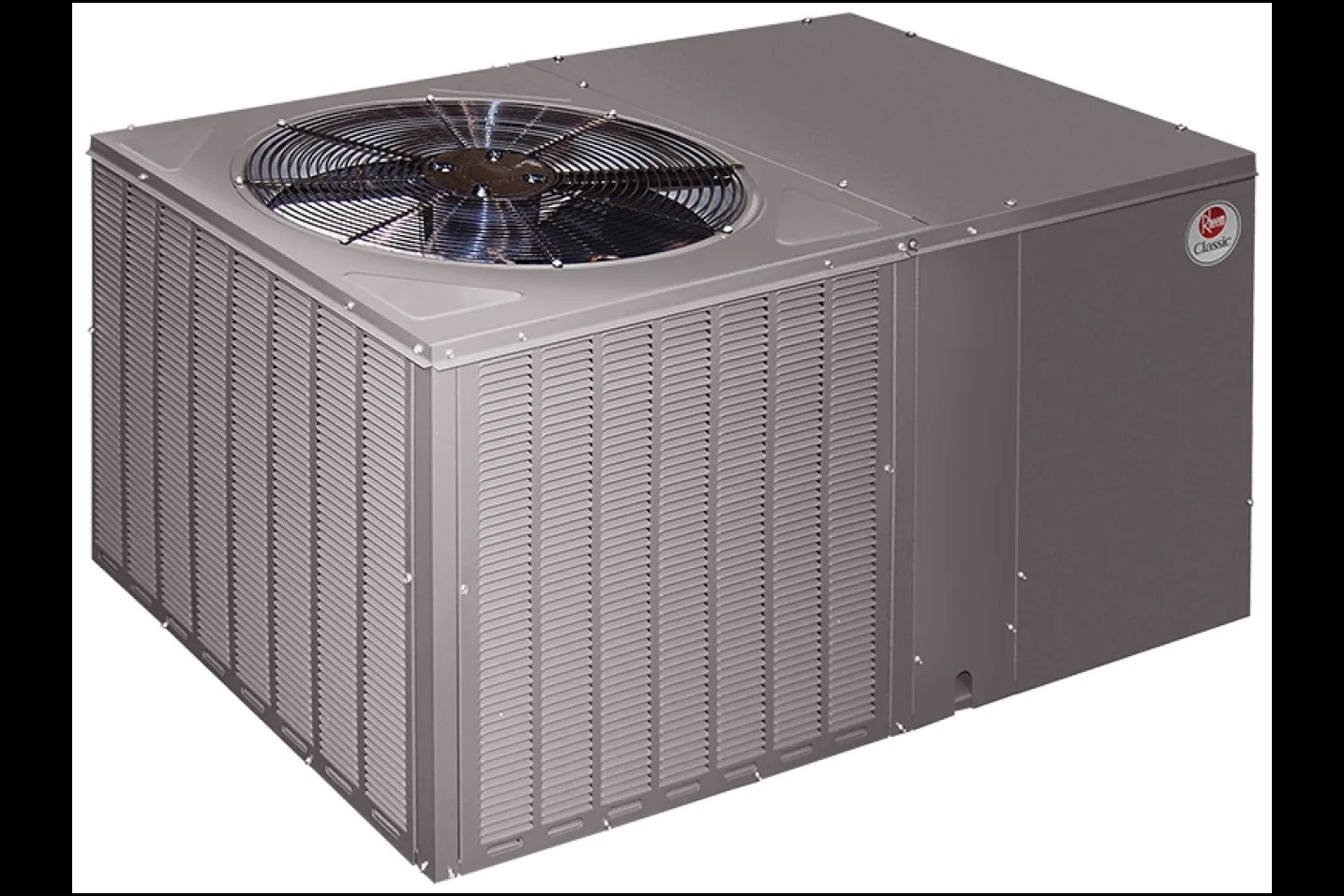 Rheem package unit — one all-in-one outdoor cabinet with a top fan