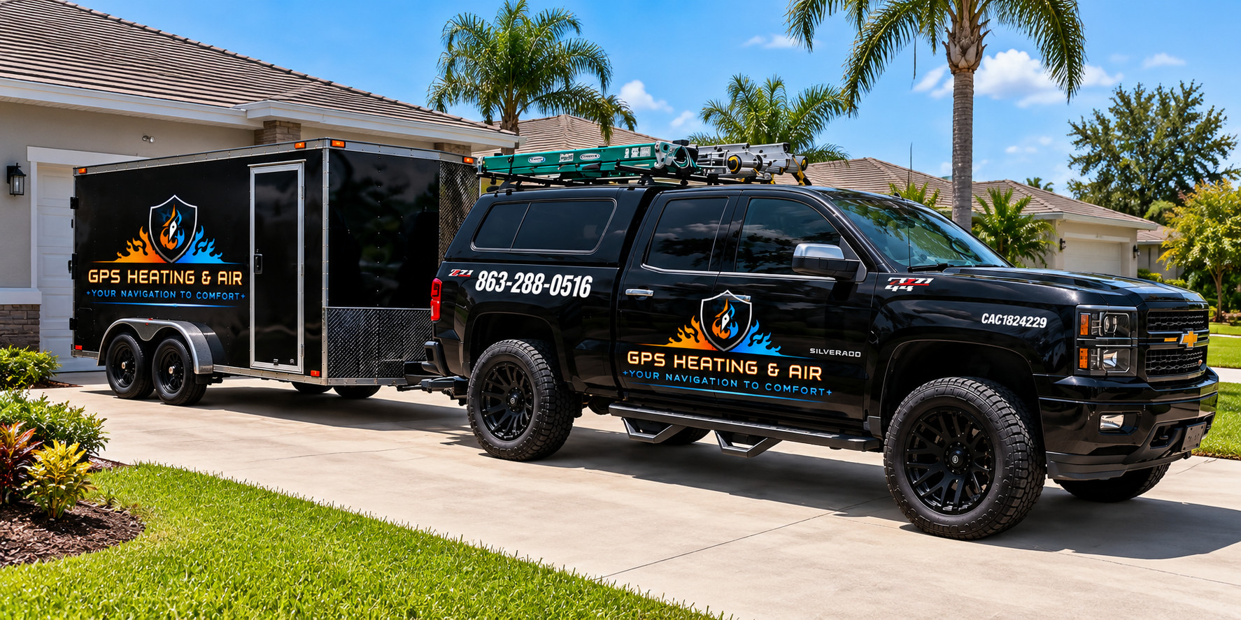 GPS Heating and Air truck and trailer parked in front of a Florida home with palm trees